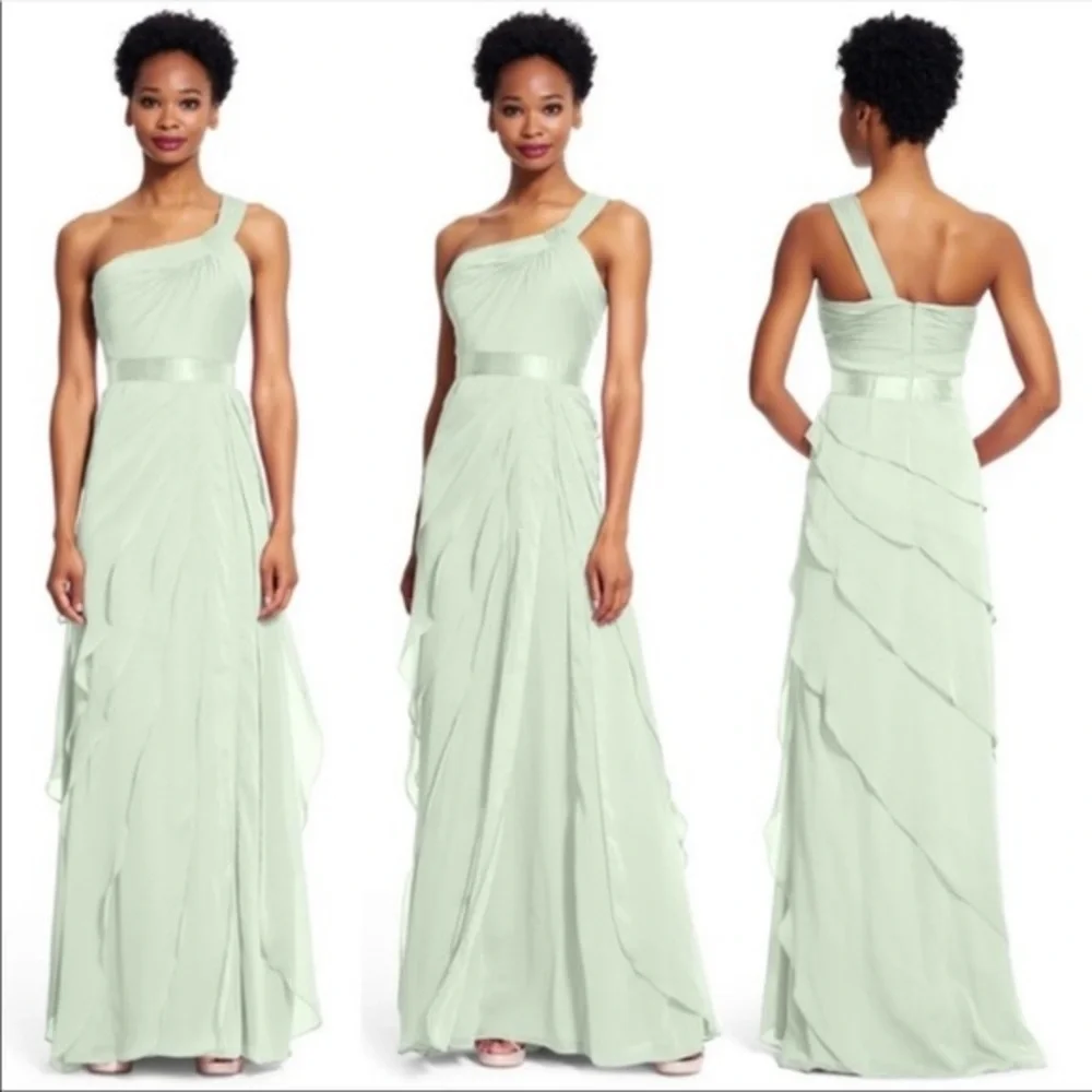 WOOHOO SOLD ❤️NWT GORGEOUS ADRIANA PAPELL Mint Chiffon One-Shoulder Gown - Picture 1 of 9